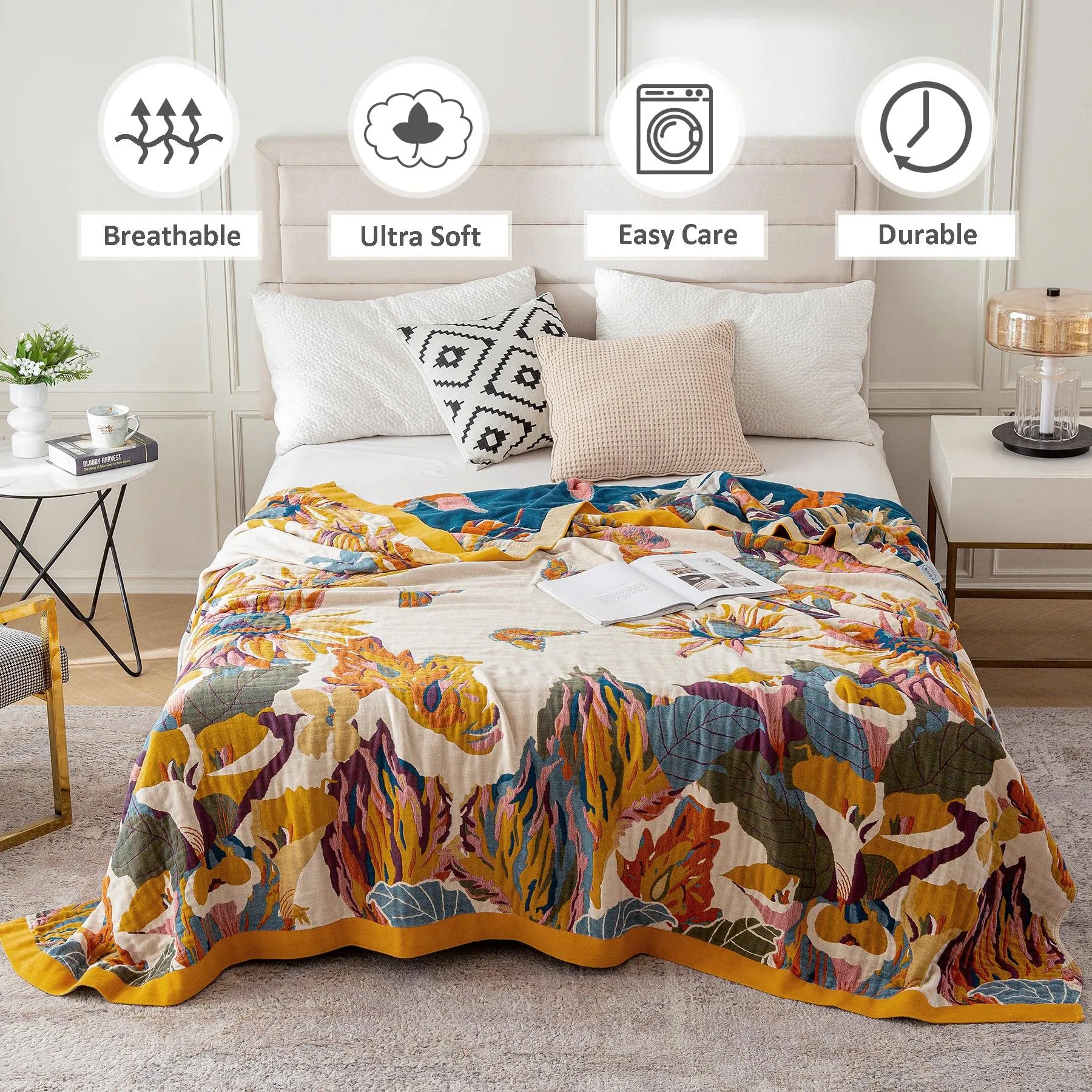 Boho Throw Blanket - 100% Cotton Ultra Soft Bed Throw Large - Fall Blanket Floral Bird and Butterfly Farmhouse Decor Bed Blankets,60"×80" All Season Blanket for Sofa Couch Chair
