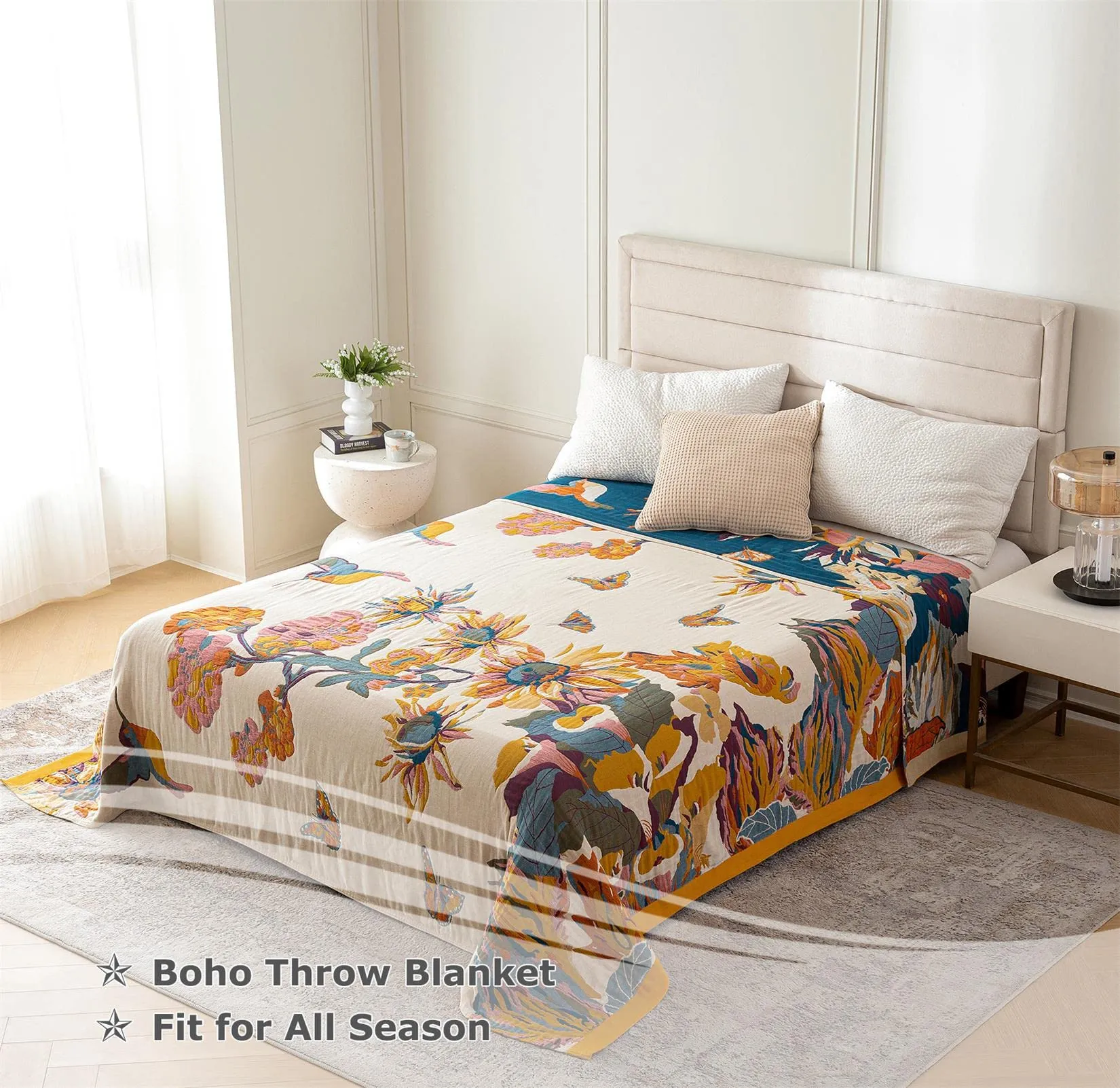Boho Throw Blanket - 100% Cotton Ultra Soft Bed Throw Large - Fall Blanket Floral Bird and Butterfly Farmhouse Decor Bed Blankets,60"×80" All Season Blanket for Sofa Couch Chair