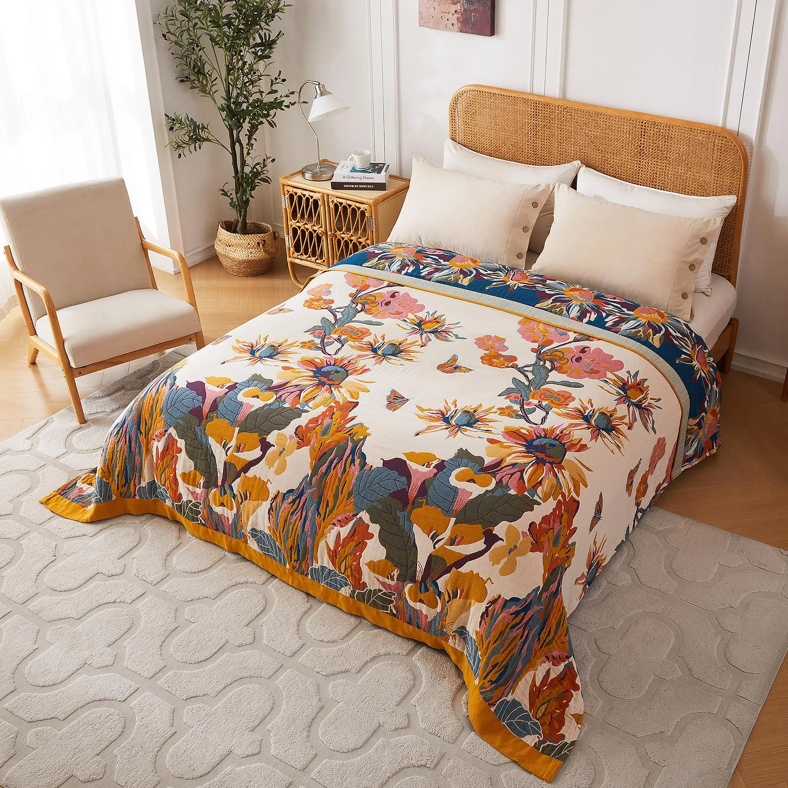 Boho Throw Blanket - 100% Cotton Ultra Soft Bed Throw Large - Fall Blanket Floral Bird and Butterfly Farmhouse Decor Bed Blankets,60"×80" All Season Blanket for Sofa Couch Chair
