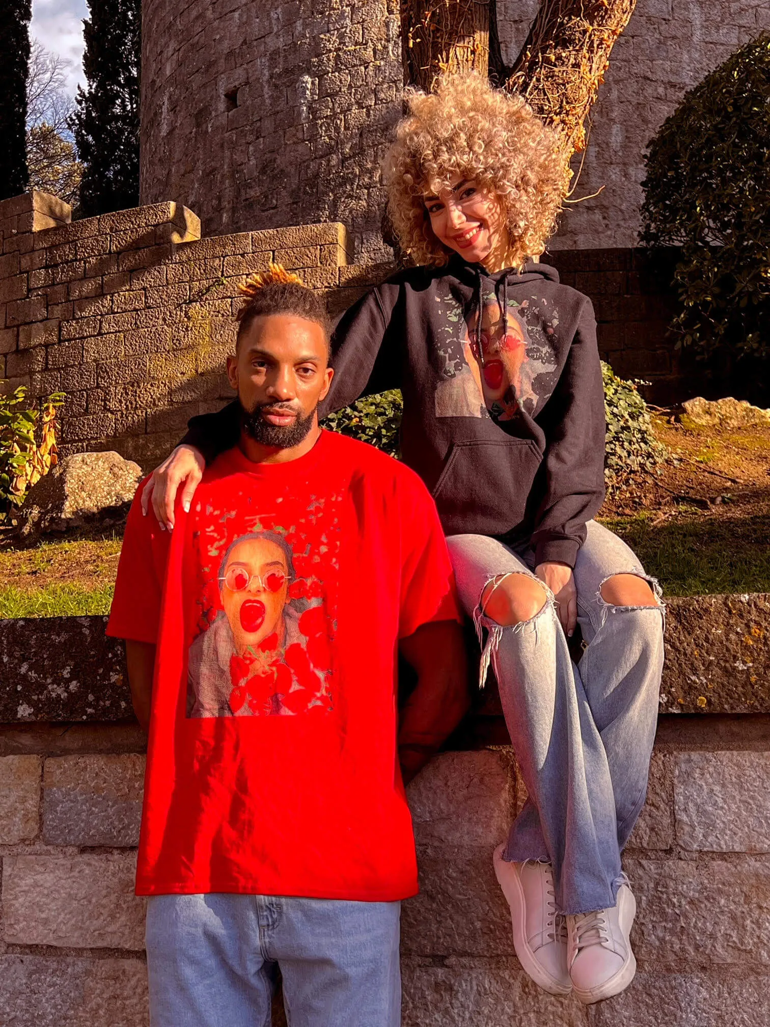 Bold Red Women's Graffiti Face Print Heavyweight Tee