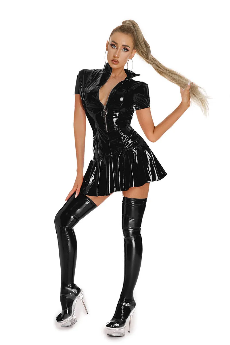 Bold Sexy PU Leather Pleated Short Sleeve Dress for Nightclub Glam