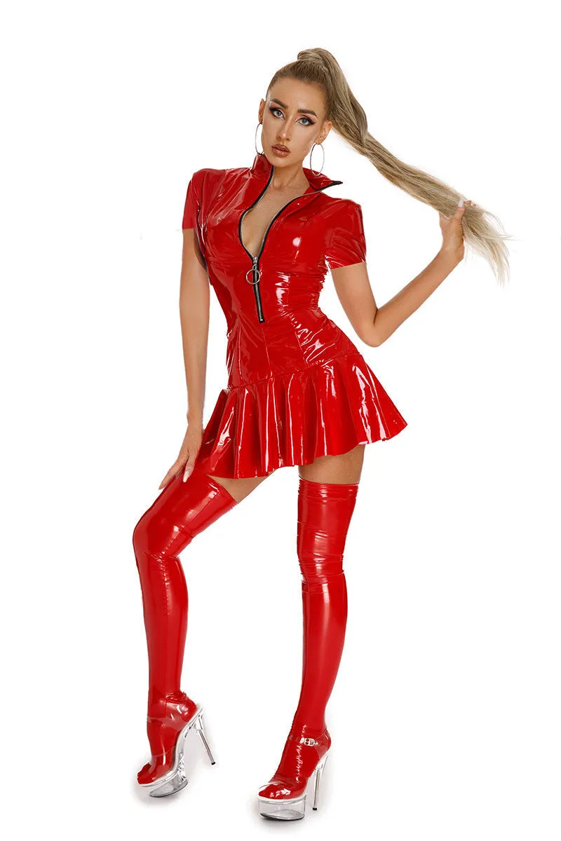 Bold Sexy PU Leather Pleated Short Sleeve Dress for Nightclub Glam