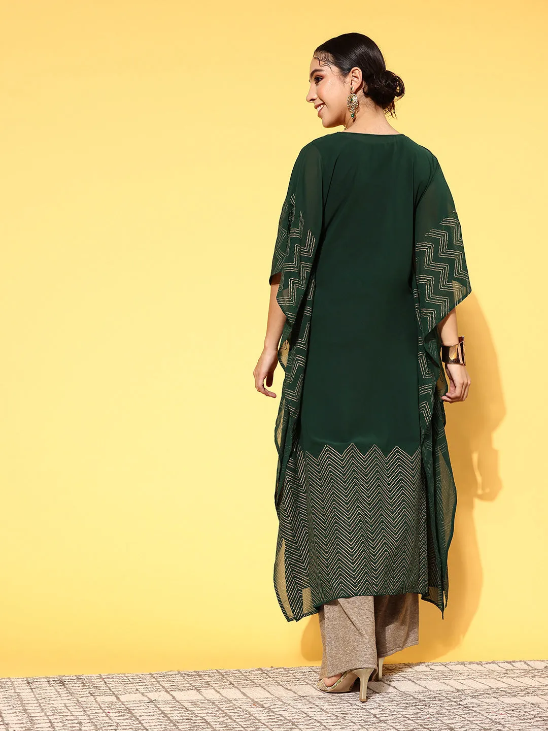 Bottle Green Round Neck Kimono Sleeve hand embroidery Ethnic Wear Kaftan for Women - ZOLA