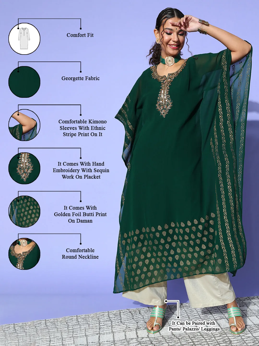 Bottle Green Round Neck Kimono Sleeve hand embroidery Ethnic Wear Kaftan for Women - ZOLA