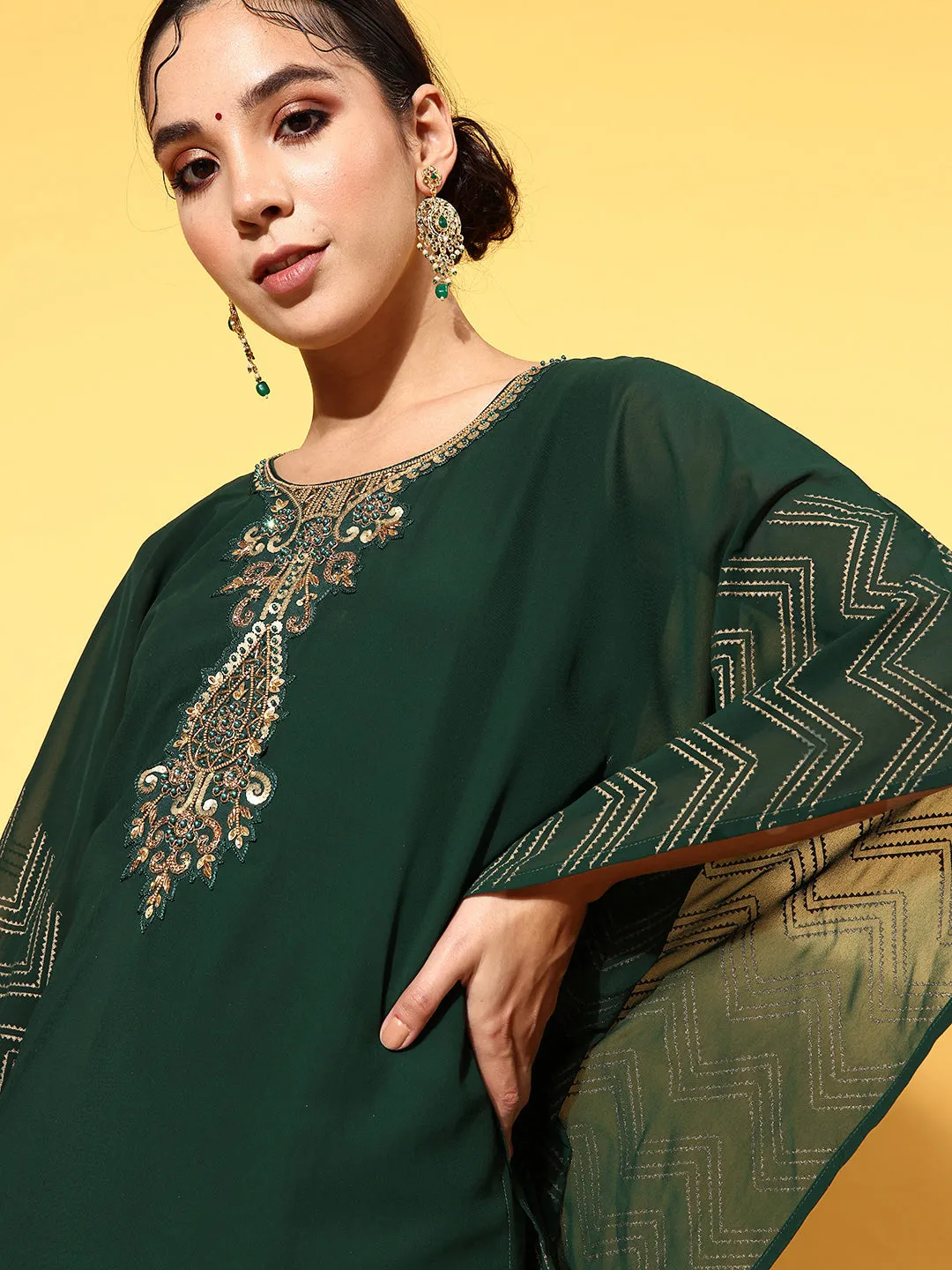Bottle Green Round Neck Kimono Sleeve hand embroidery Ethnic Wear Kaftan for Women - ZOLA