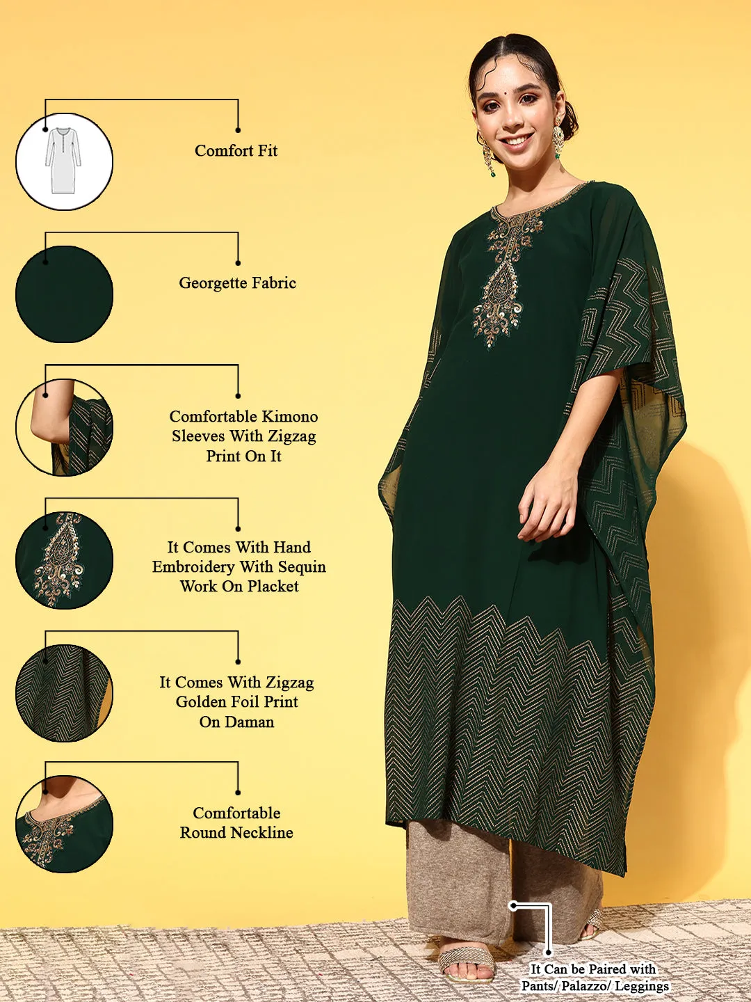 Bottle Green Round Neck Kimono Sleeve hand embroidery Ethnic Wear Kaftan for Women - ZOLA