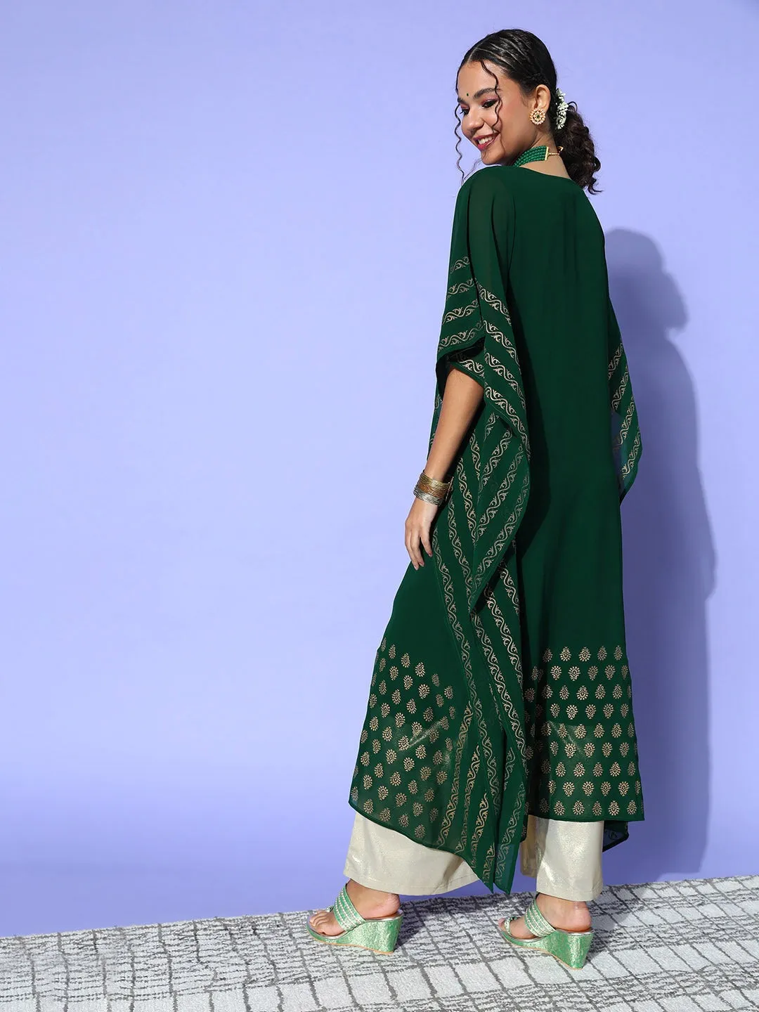 Bottle Green Round Neck Kimono Sleeve hand embroidery Ethnic Wear Kaftan for Women - ZOLA