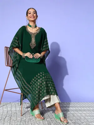Bottle Green Round Neck Kimono Sleeve hand embroidery Ethnic Wear Kaftan for Women - ZOLA