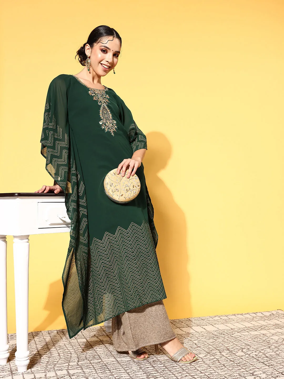Bottle Green Round Neck Kimono Sleeve hand embroidery Ethnic Wear Kaftan for Women - ZOLA