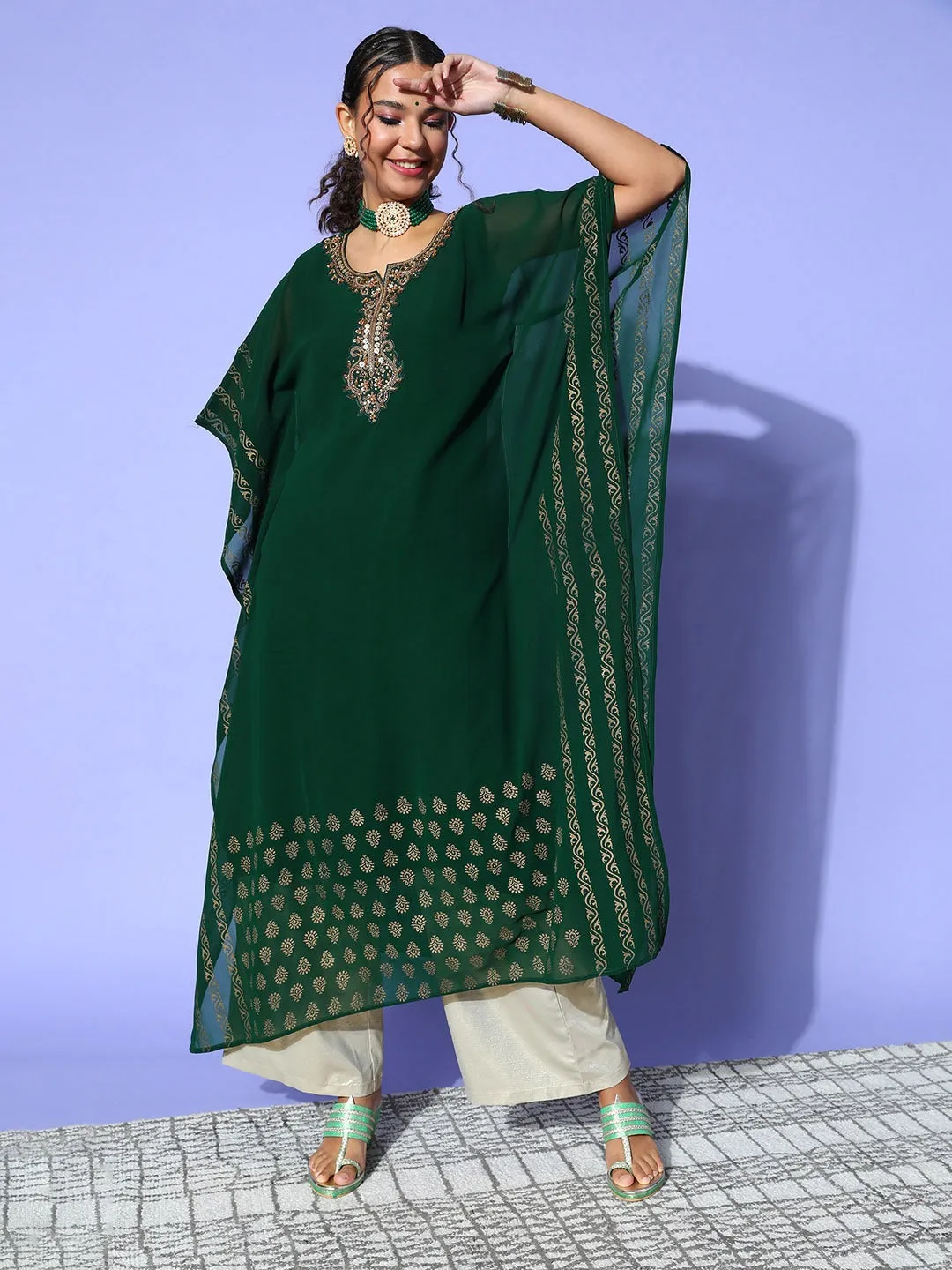 Bottle Green Round Neck Kimono Sleeve hand embroidery Ethnic Wear Kaftan for Women - ZOLA