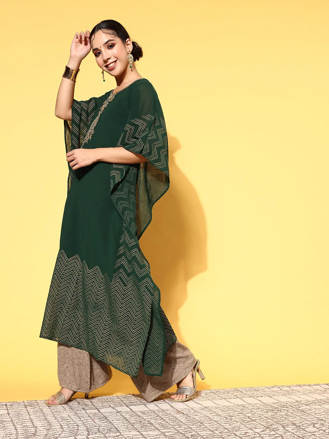 Bottle Green Round Neck Kimono Sleeve hand embroidery Ethnic Wear Kaftan for Women - ZOLA