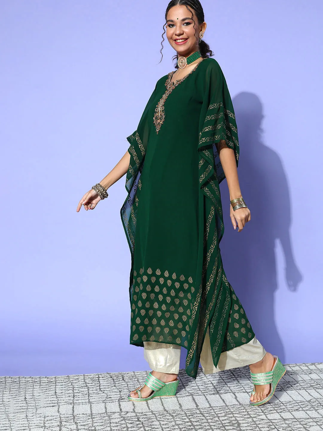 Bottle Green Round Neck Kimono Sleeve hand embroidery Ethnic Wear Kaftan for Women - ZOLA