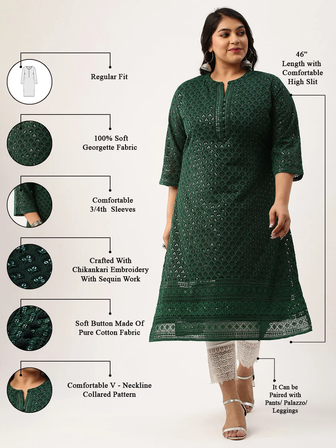 BottleGreen Georgette Mandarin Collar Neck 3/4th Sleeves Chikankari Embroidery Ethnic Wear Kurta for Women - ZOLA