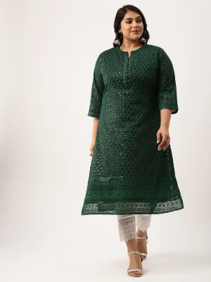 BottleGreen Georgette Mandarin Collar Neck 3/4th Sleeves Chikankari Embroidery Ethnic Wear Kurta for Women - ZOLA