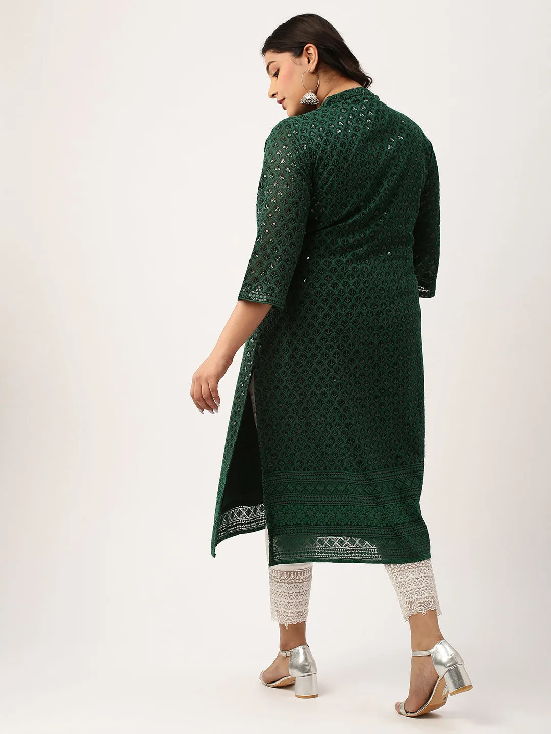 BottleGreen Georgette Mandarin Collar Neck 3/4th Sleeves Chikankari Embroidery Ethnic Wear Kurta for Women - ZOLA