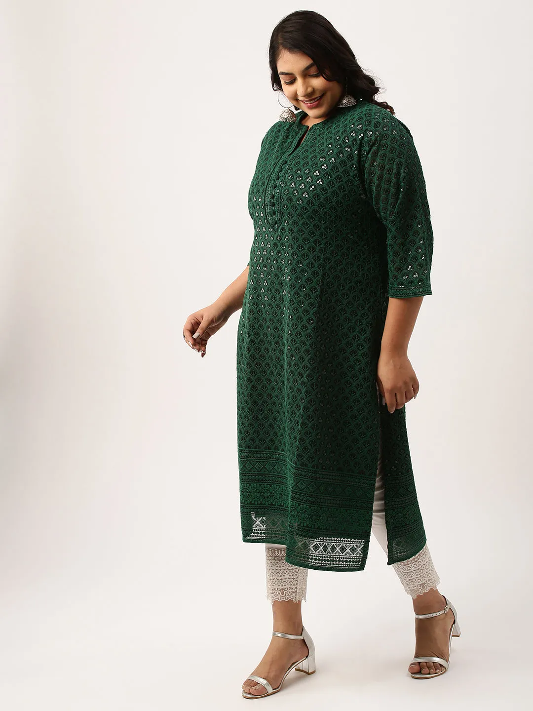 BottleGreen Georgette Mandarin Collar Neck 3/4th Sleeves Chikankari Embroidery Ethnic Wear Kurta for Women - ZOLA