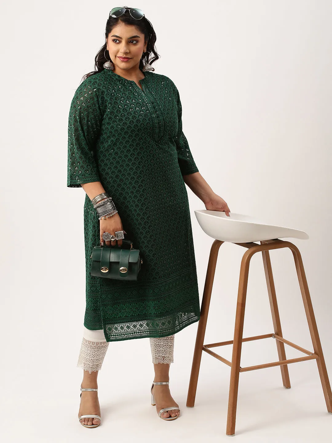 BottleGreen Georgette Mandarin Collar Neck 3/4th Sleeves Chikankari Embroidery Ethnic Wear Kurta for Women - ZOLA