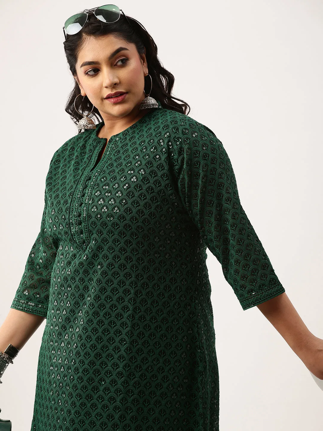 BottleGreen Georgette Mandarin Collar Neck 3/4th Sleeves Chikankari Embroidery Ethnic Wear Kurta for Women - ZOLA