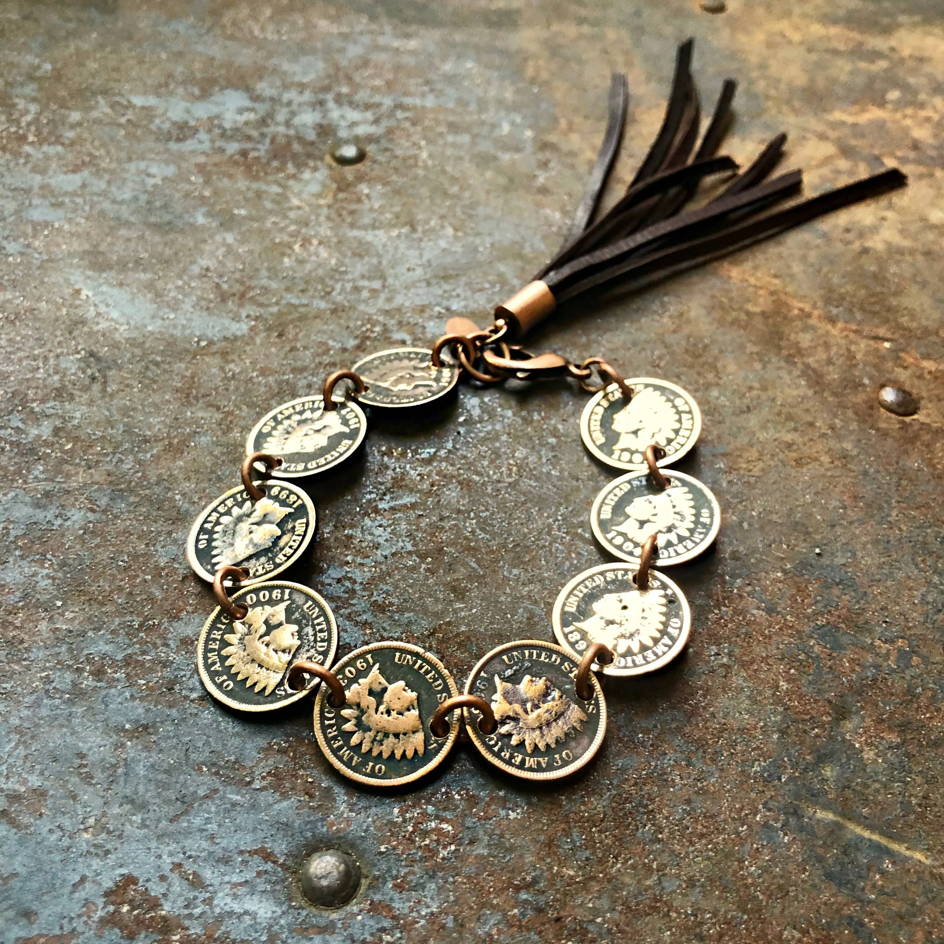 Bracelet, Indian Head Pennies with Deerskin Tassels, SALE!