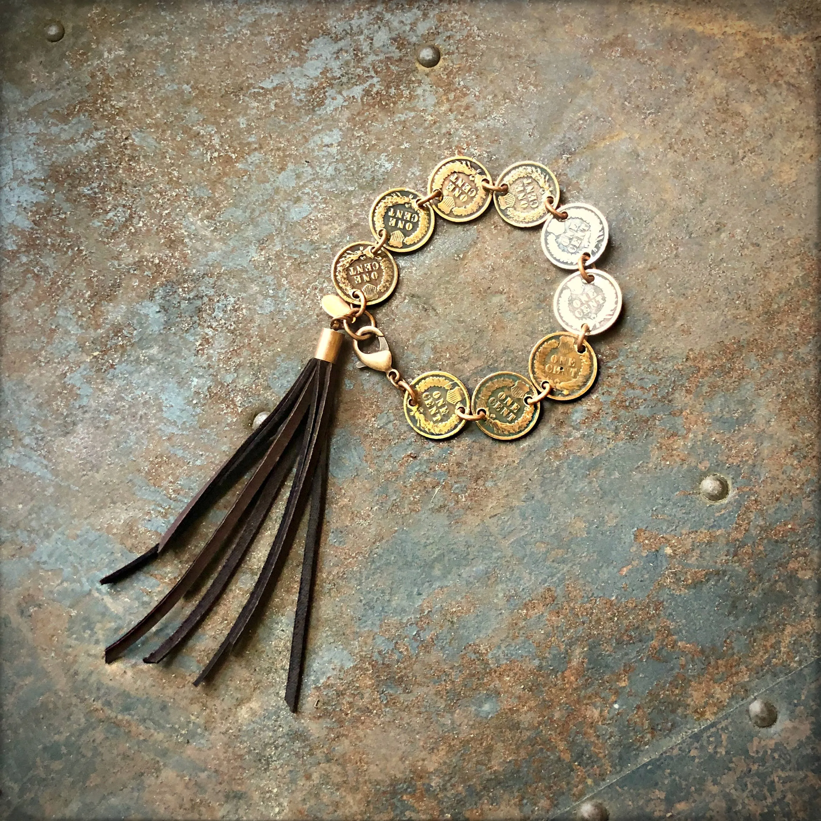 Bracelet, Indian Head Pennies with Deerskin Tassels, SALE!