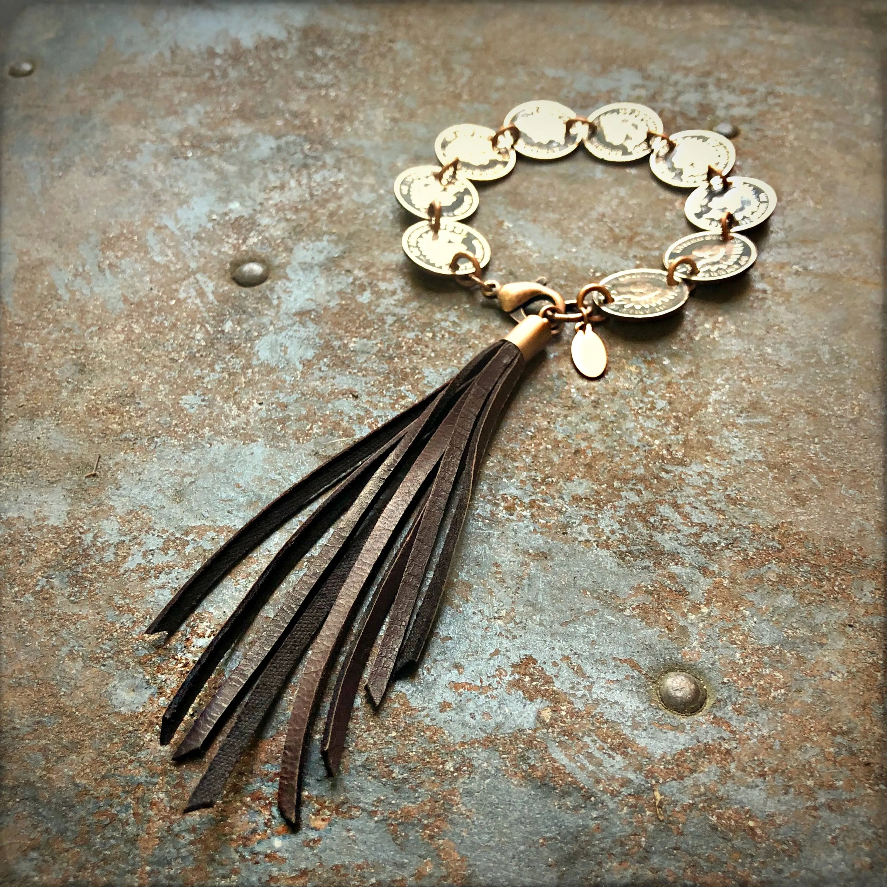 Bracelet, Indian Head Pennies with Deerskin Tassels, SALE!