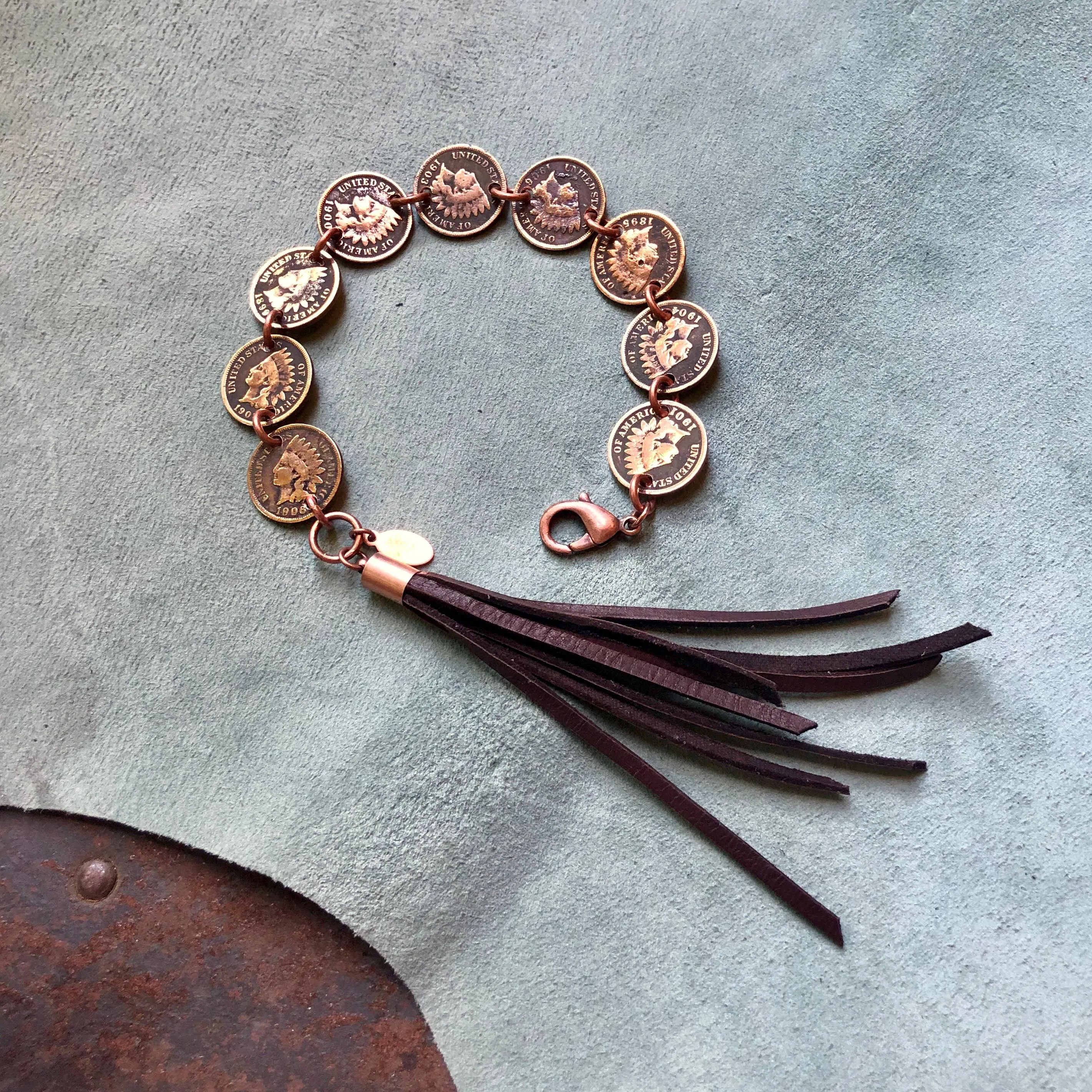 Bracelet, Indian Head Pennies with Deerskin Tassels, SALE!
