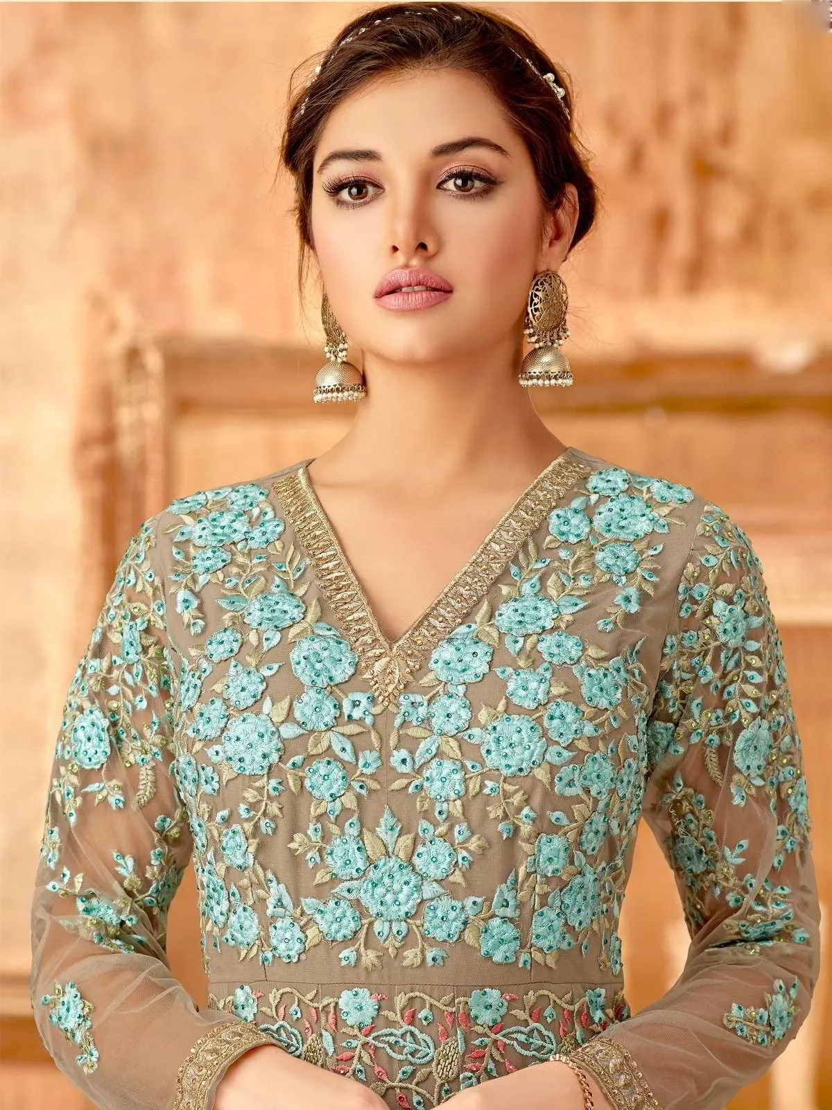 Brown And Blue Ethnic Style Layered Anarkali Suit