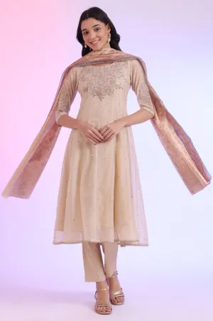 Brown Embroidered Anarkali with Trousers & Dupatta Set