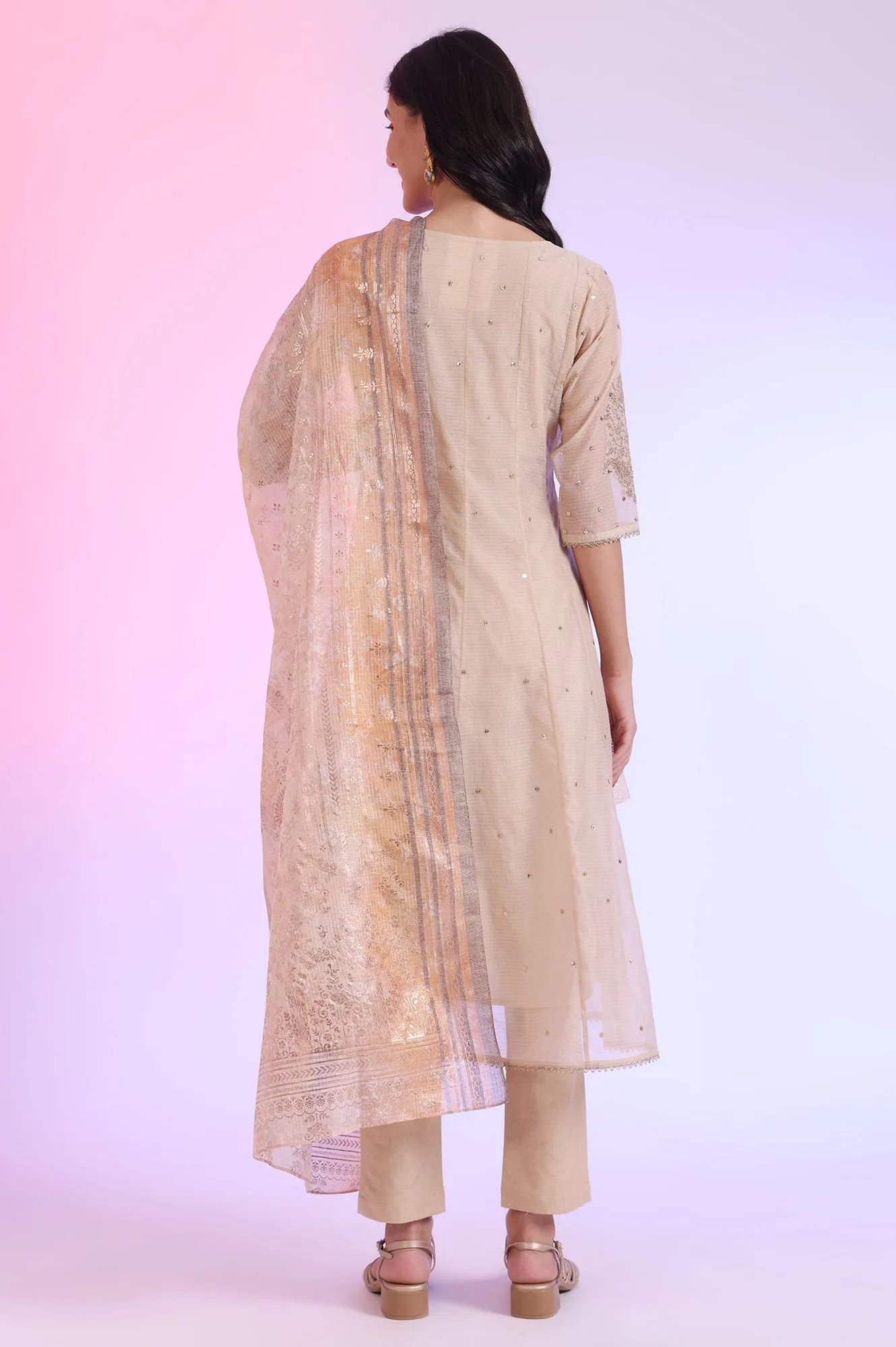 Brown Embroidered Anarkali with Trousers & Dupatta Set