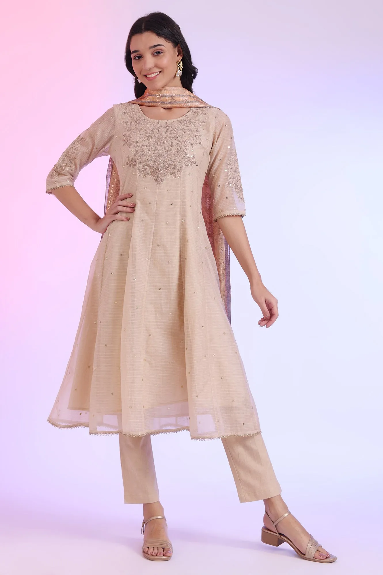 Brown Embroidered Anarkali with Trousers & Dupatta Set