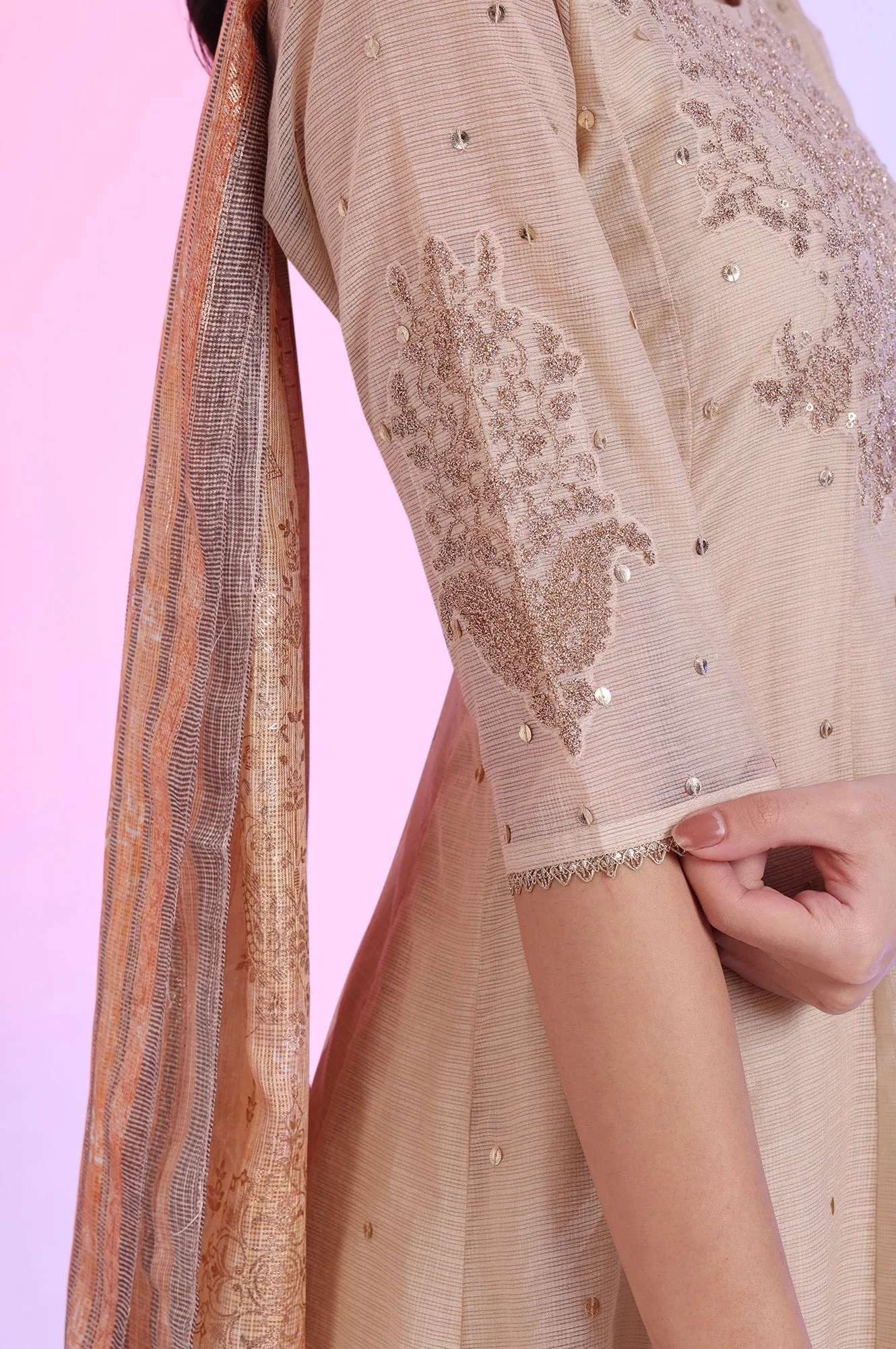 Brown Embroidered Anarkali with Trousers & Dupatta Set