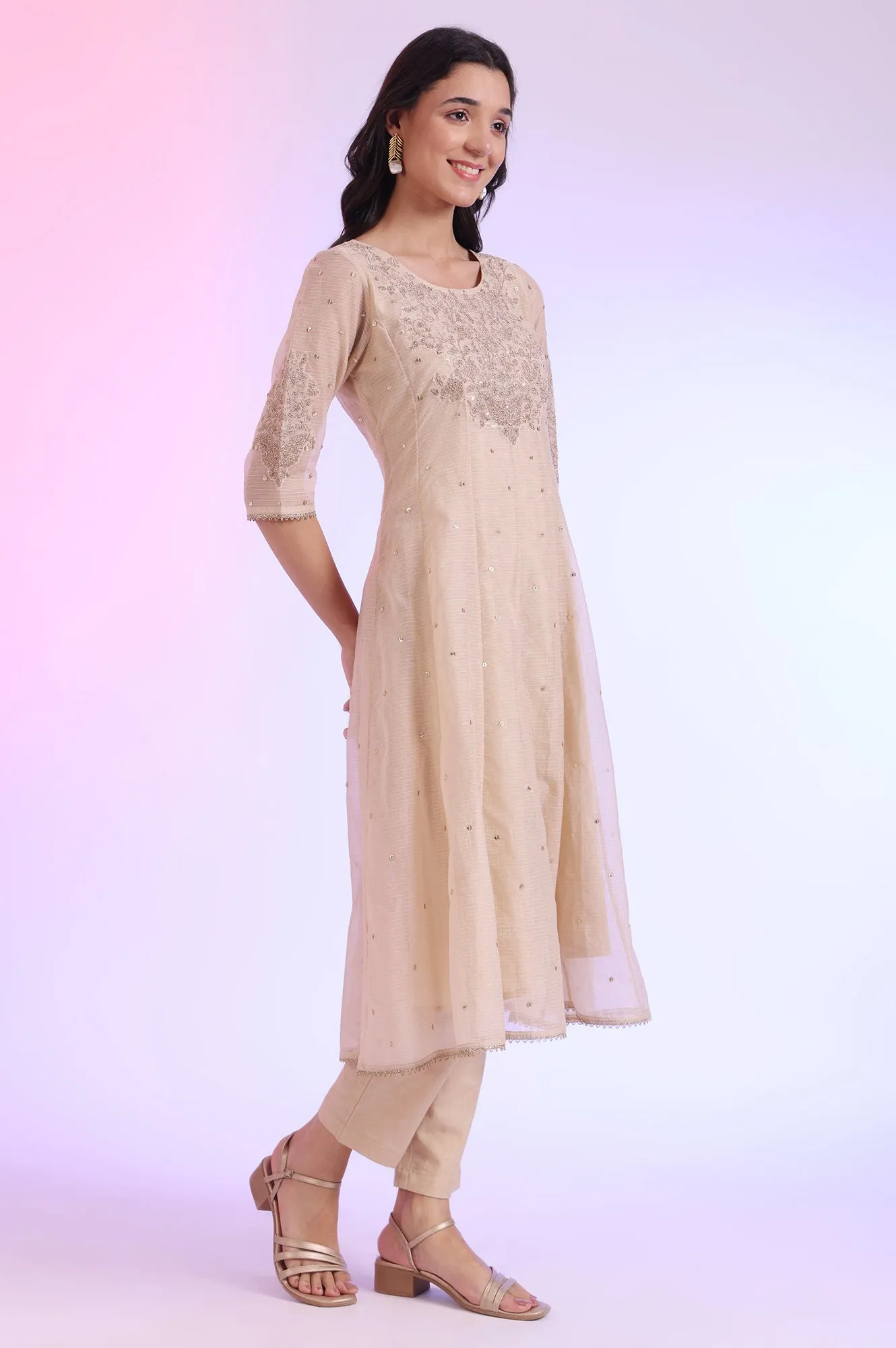 Brown Embroidered Anarkali with Trousers & Dupatta Set