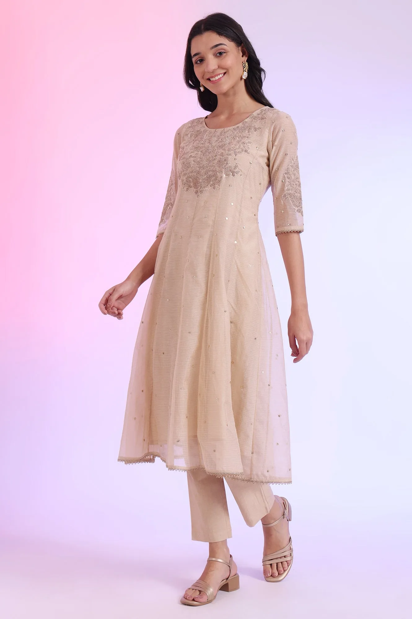 Brown Embroidered Anarkali with Trousers & Dupatta Set