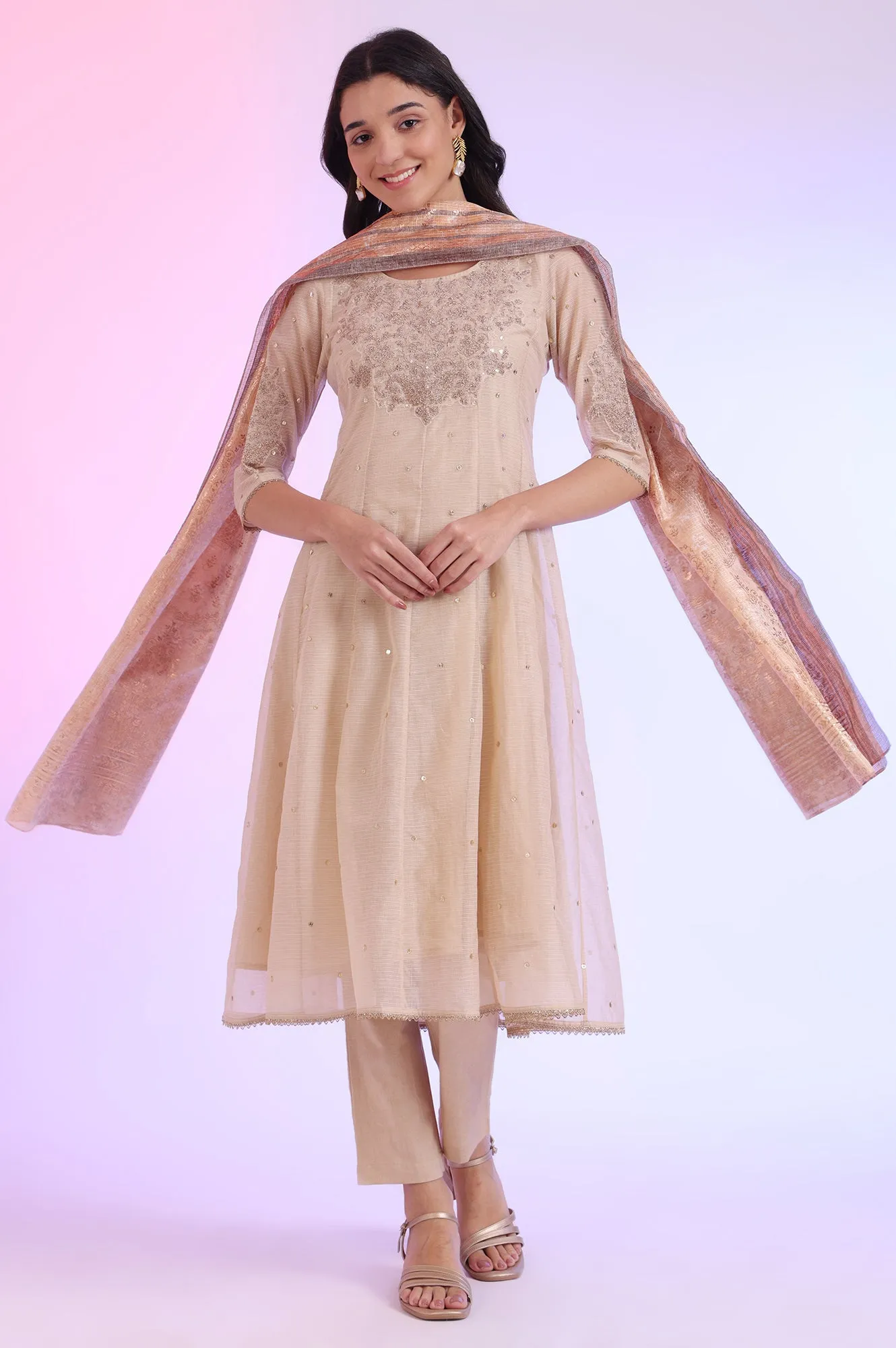 Brown Embroidered Anarkali with Trousers & Dupatta Set