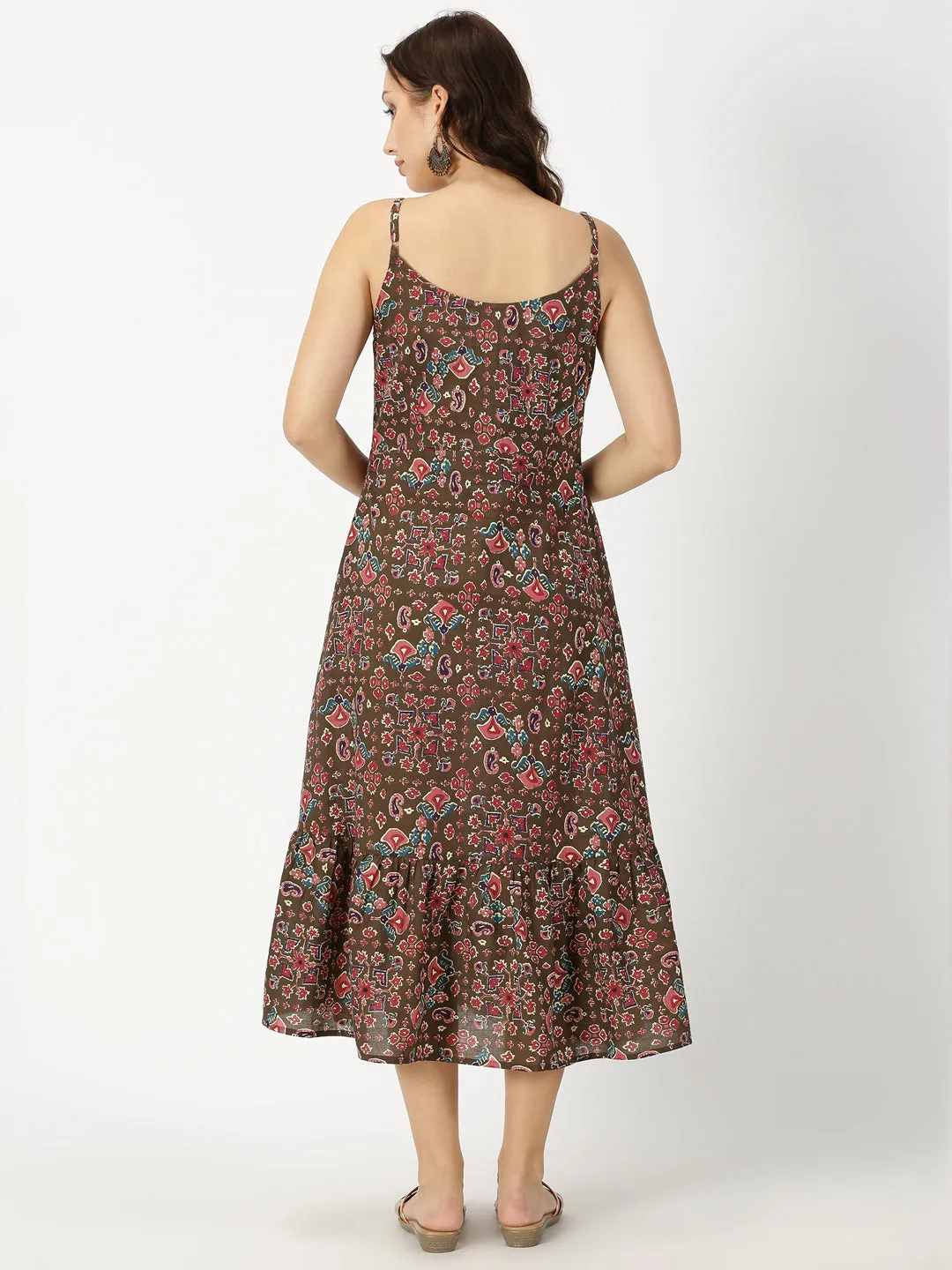 Brown Ethnic Motifs Print Strappy Midi Dress