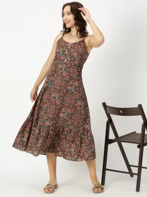 Brown Ethnic Motifs Print Strappy Midi Dress