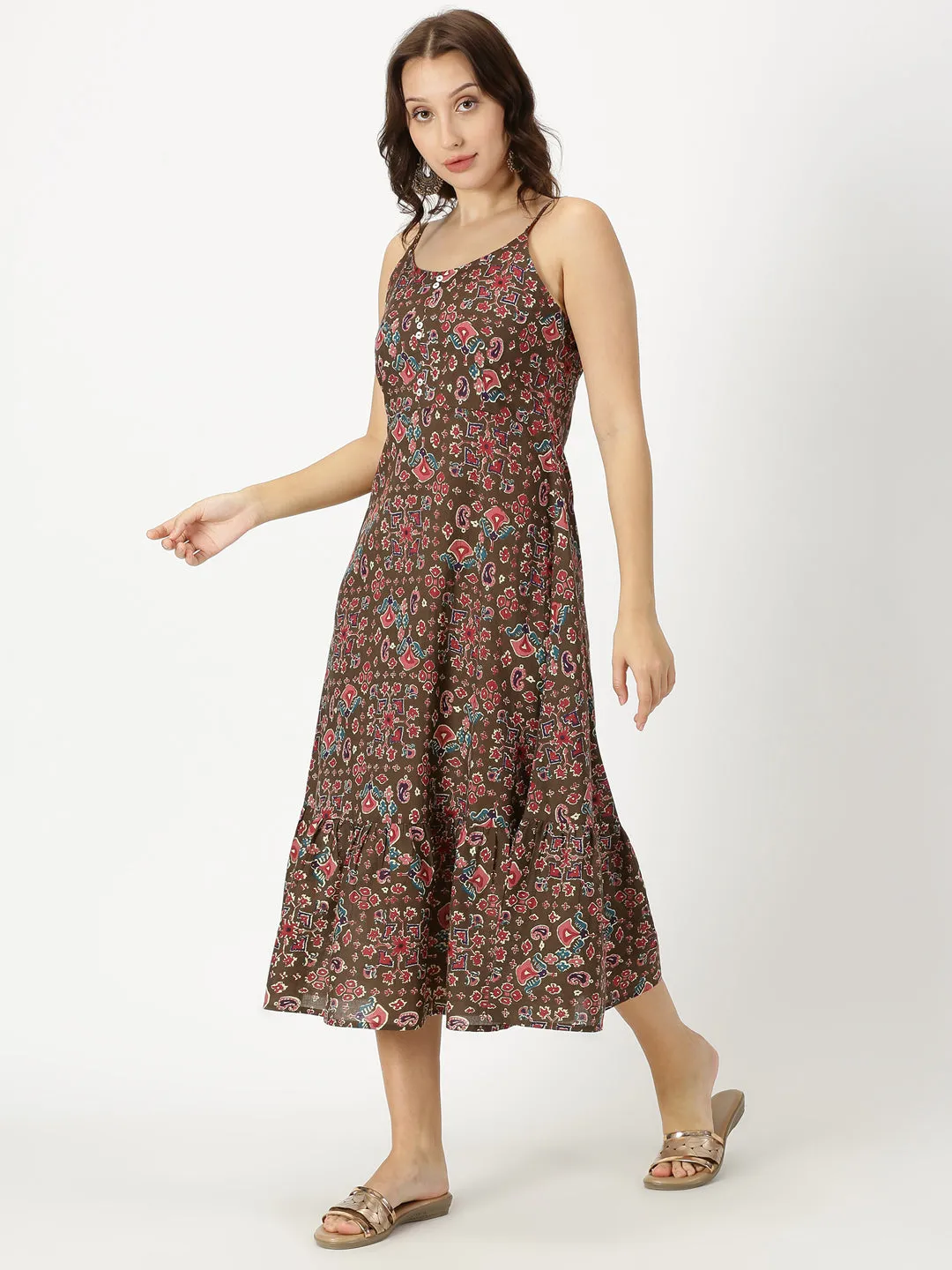 Brown Ethnic Motifs Print Strappy Midi Dress