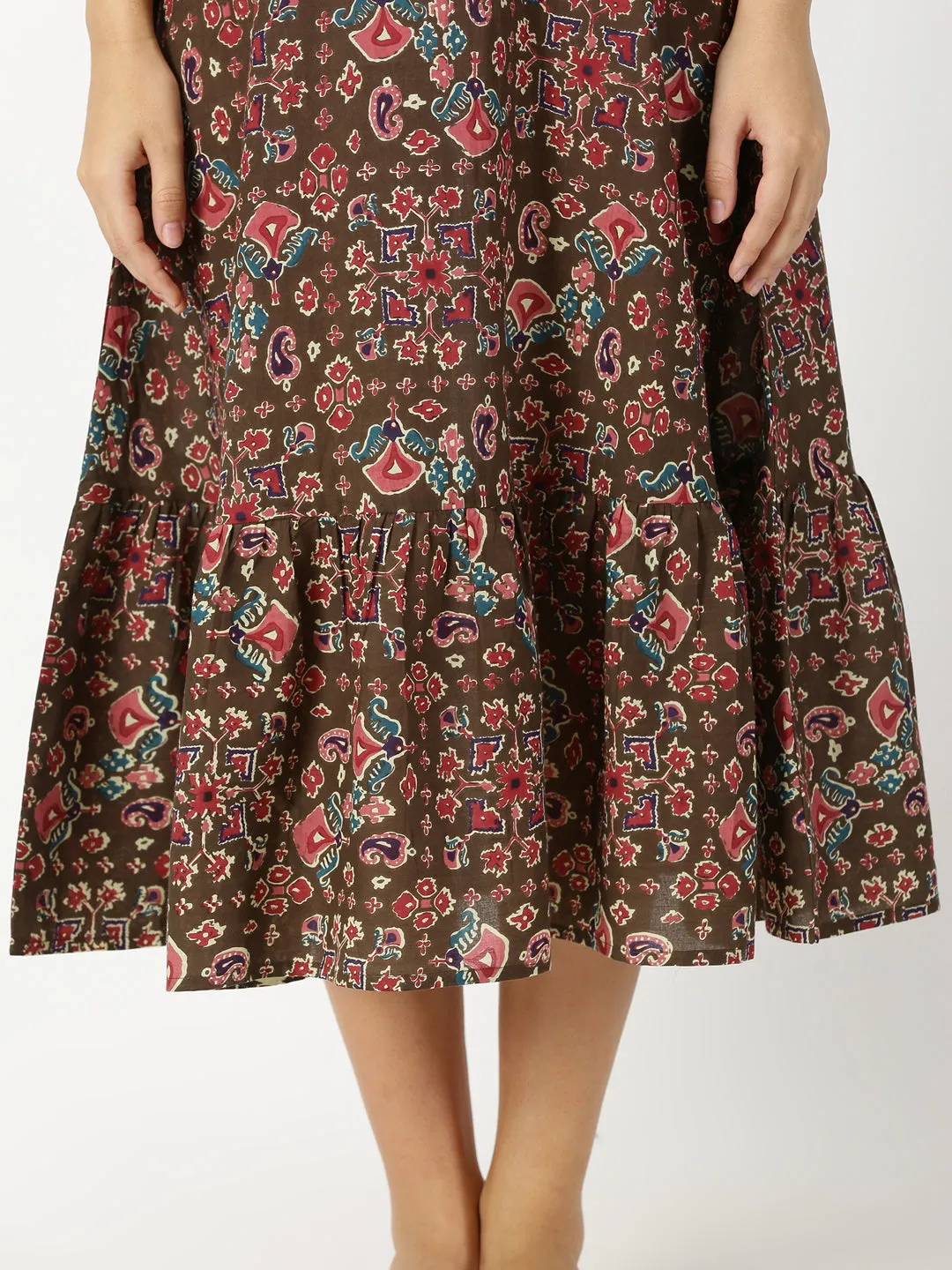 Brown Ethnic Motifs Print Strappy Midi Dress