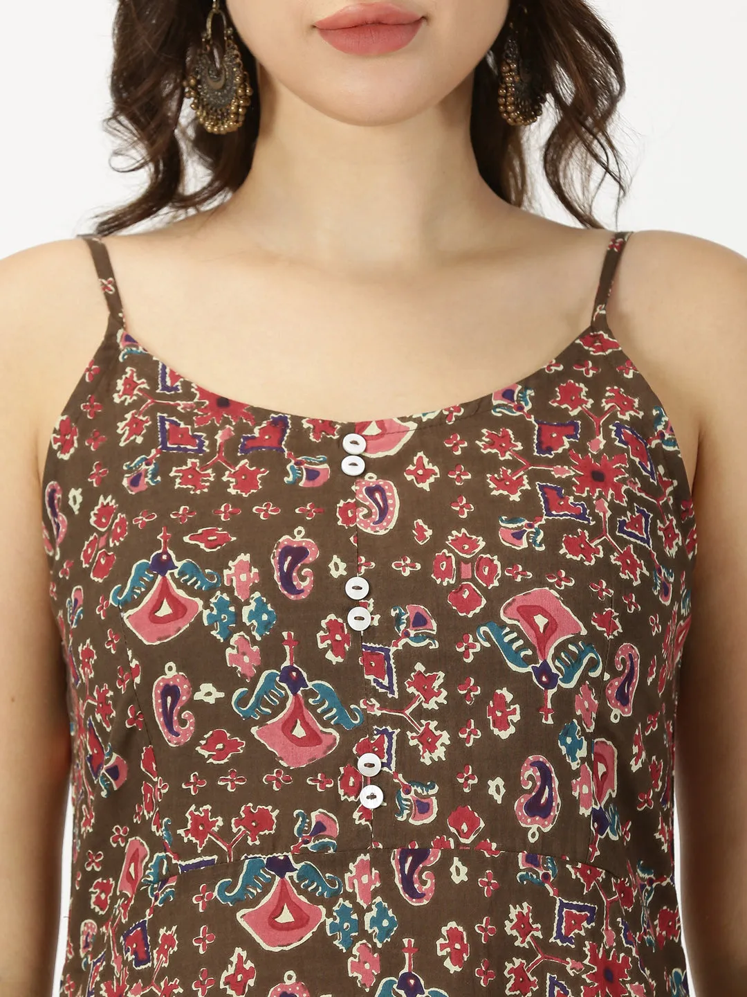 Brown Ethnic Motifs Print Strappy Midi Dress