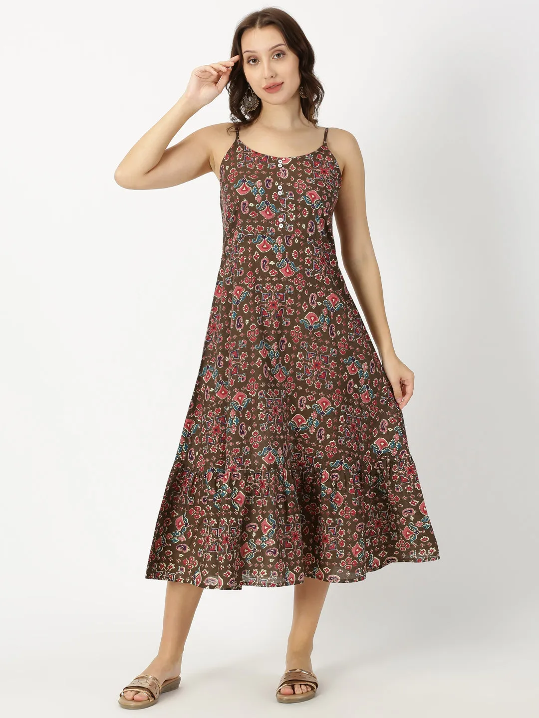 Brown Ethnic Motifs Print Strappy Midi Dress