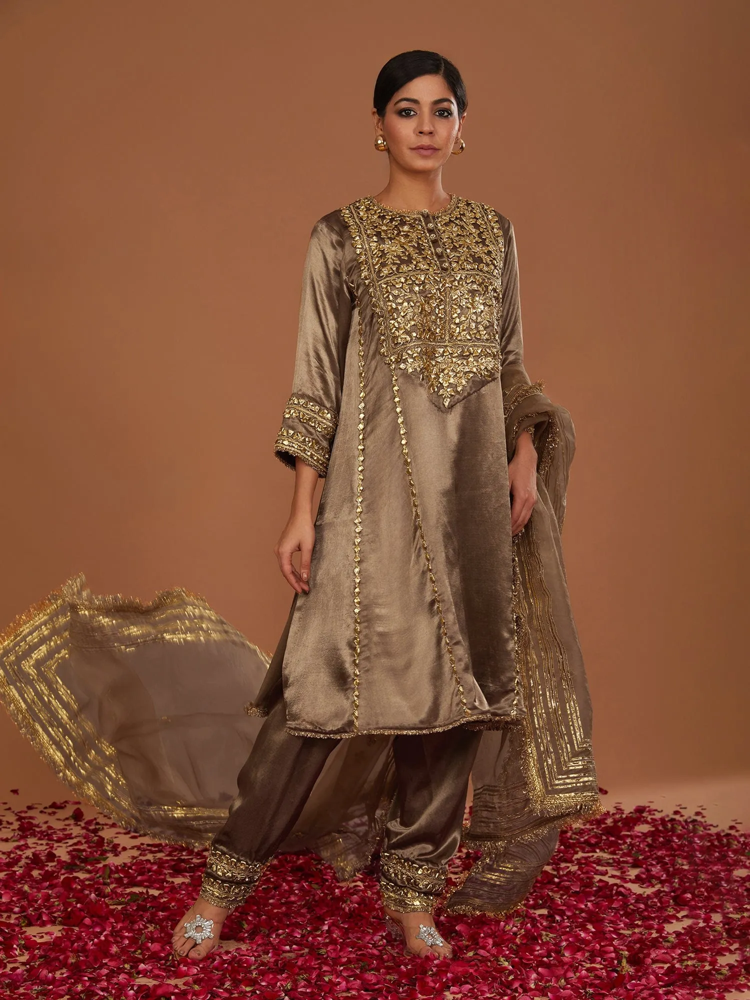 Brown Mashru Silk Kurta and Salwar with a Dupatta