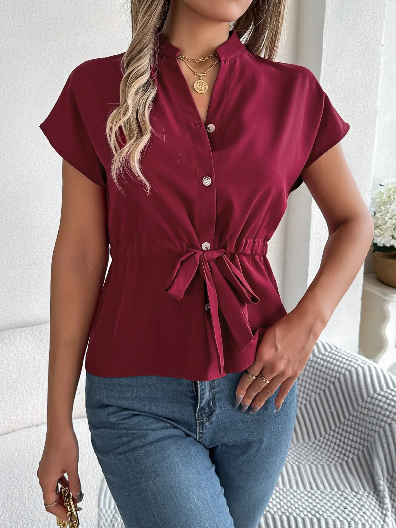 Button Drawstring Blouse