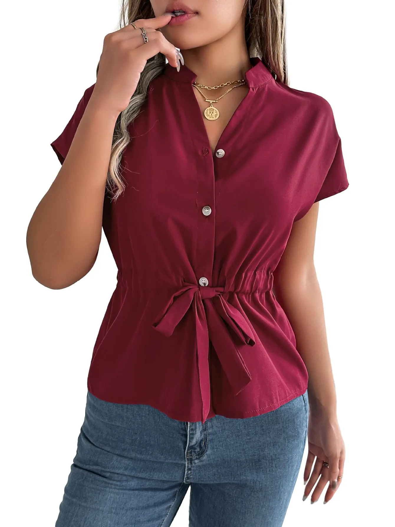 Button Drawstring Blouse