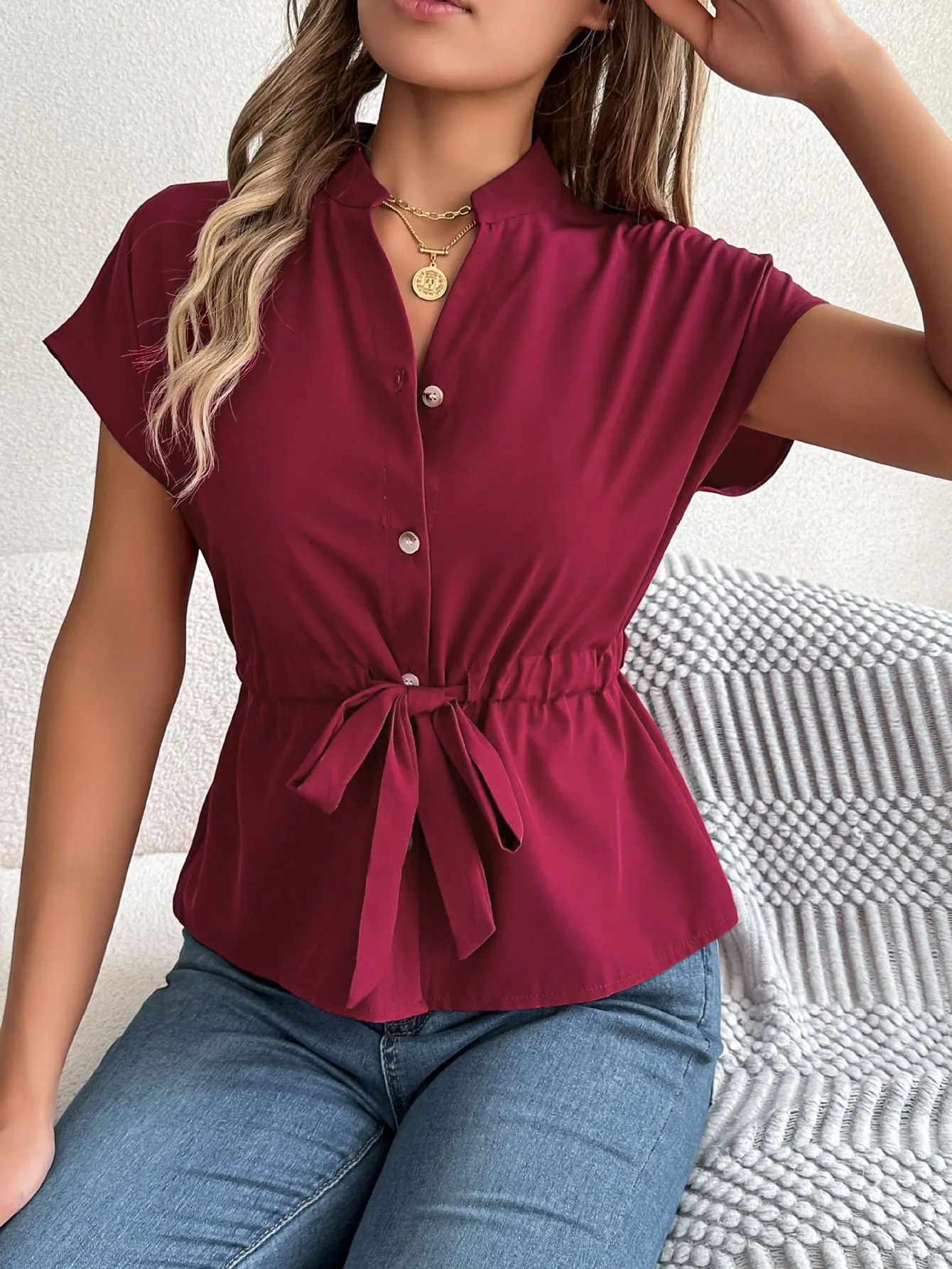 Button Drawstring Blouse