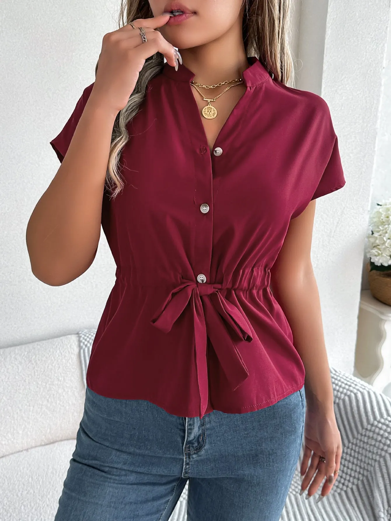 Button Drawstring Blouse