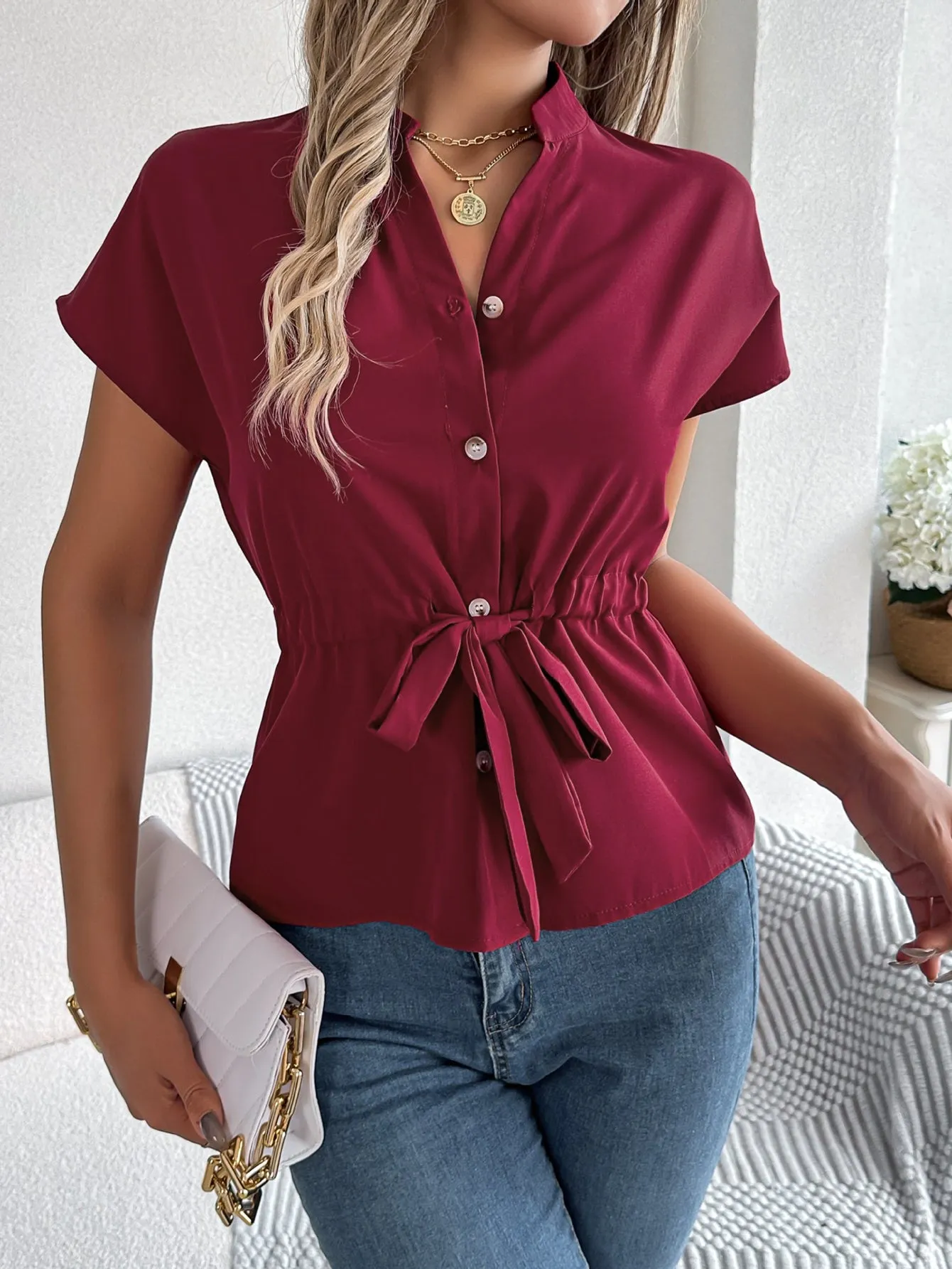 Button Drawstring Blouse