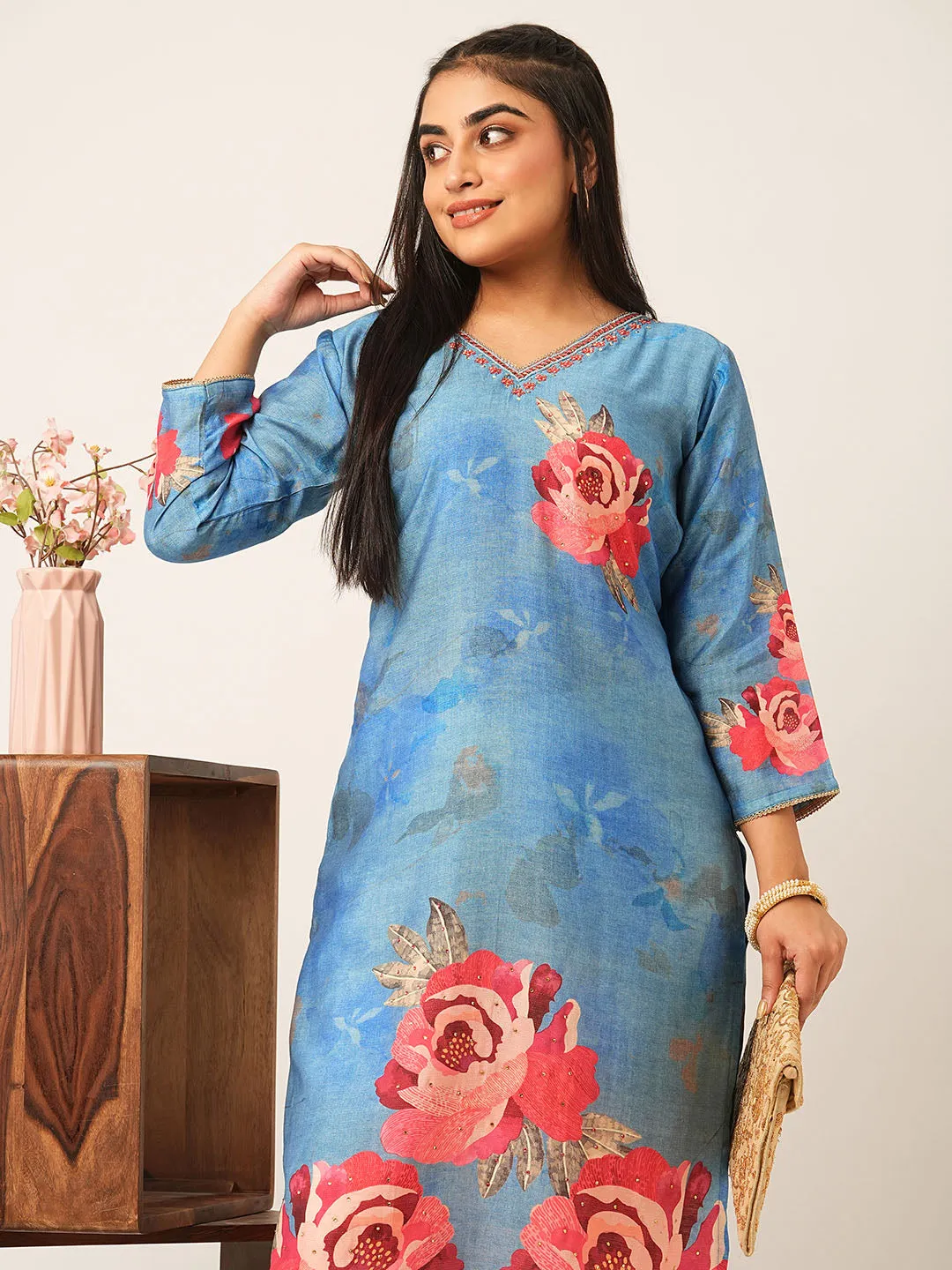 Buy Blue Comfort Fit Muslin Kurta for women online India - Zola