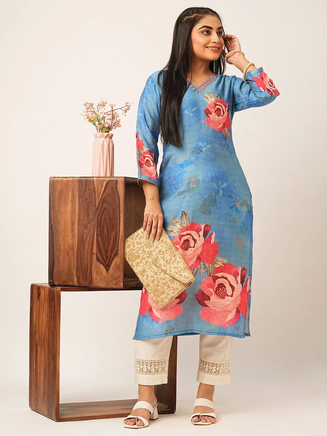 Buy Blue Comfort Fit Muslin Kurta for women online India - Zola
