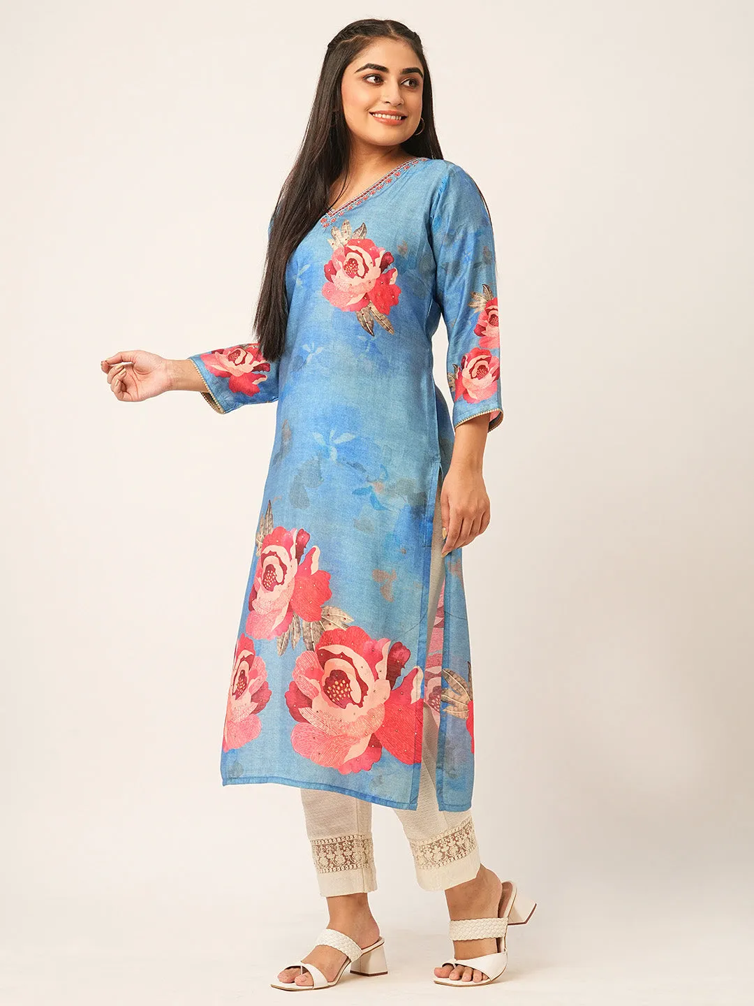 Buy Blue Comfort Fit Muslin Kurta for women online India - Zola