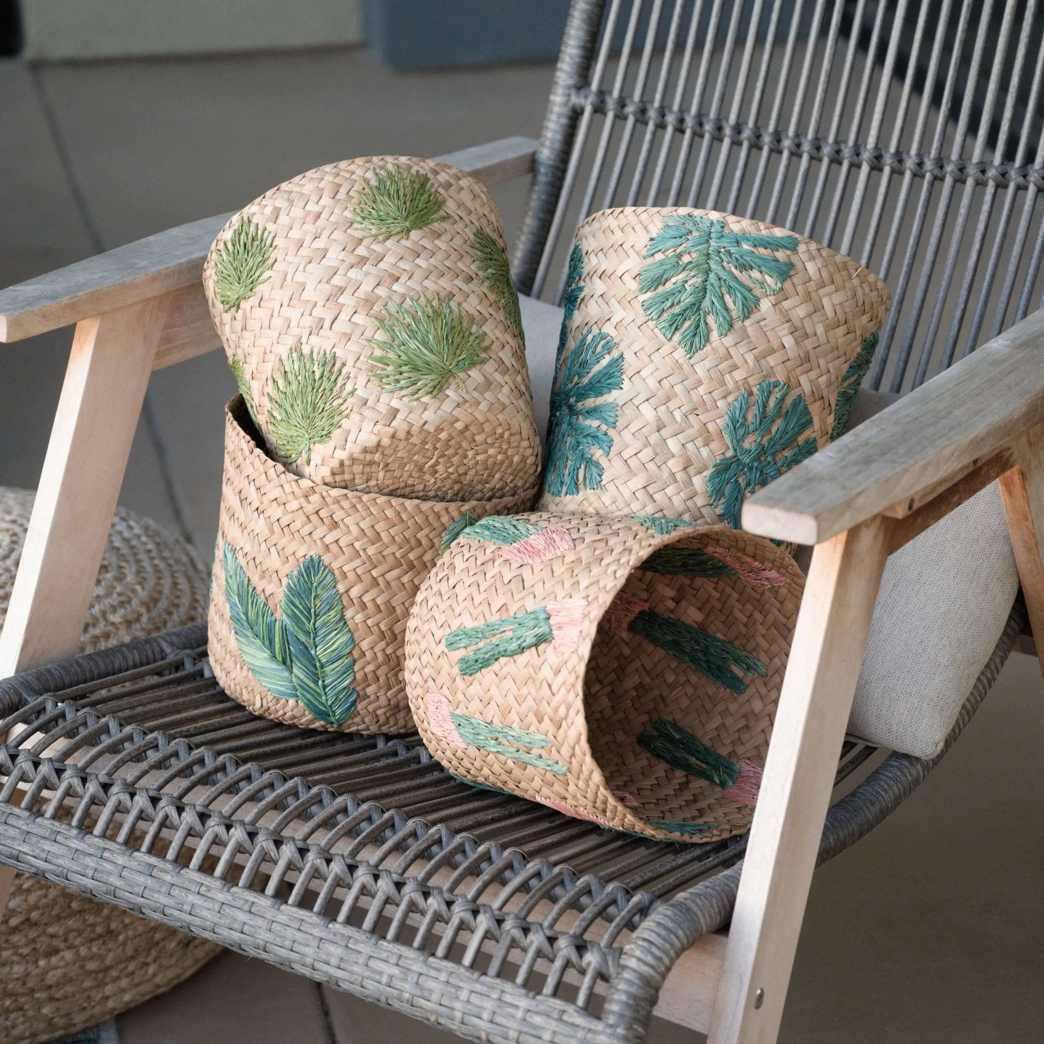 Cactus Embroidery Soft Natural Basket - Handmade Bins